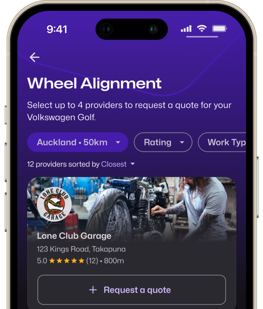 A driver choosing which nearby workshops to request quotes from in the Motorfy app