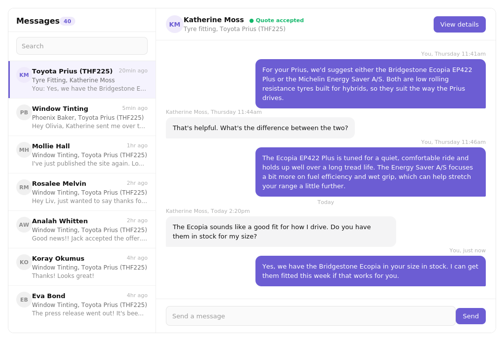 Messaging a driver in the Motorfy portal about a tyre fitting